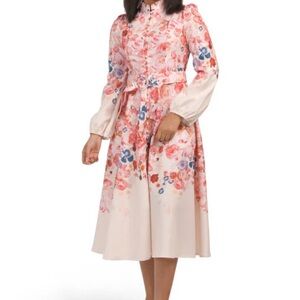 New DALIA MACPHEE Floral Border Print Midi Dress With Belt Sz Small